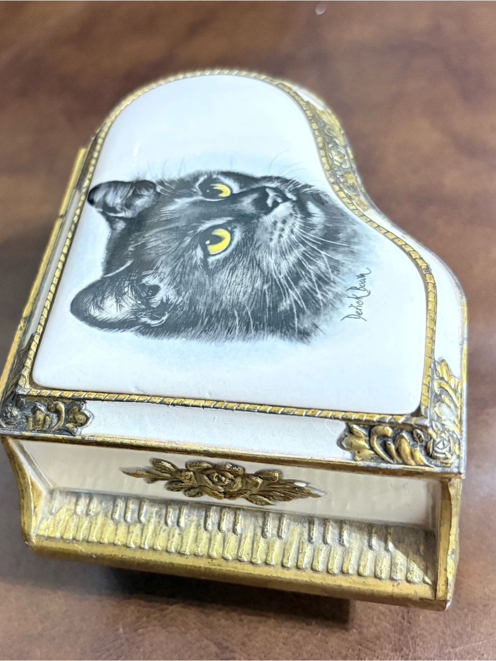 San Francisco Music Co Vntg Grand Piano Wind up Trinket Box Black Cat Japan